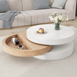 Runder, drehbarer Merax Couchtisch mit 3 Ebenen: weißer Platte und Holz-Stauraum. Modernes Wohnzimmerdesign.