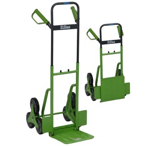 Grüne TRUTZHOLM Treppensackkarre, klappbar, mit 3-Rad-System für Stufen. Zeigt ausgeklappt und gefaltet. Höhenverstellbar.