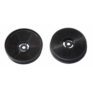 PKM Kohlefilter CF 140: Zwei runde, schwarze Aktivkohlefilter für Dunstabzugshauben.