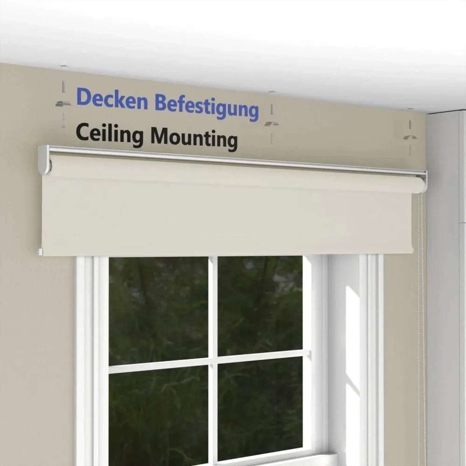 Beiges Tageslicht-Rollo Basic GL (100x150cm) mit Deckenmontage über einem Fenster. Bietet Sichtschutz.