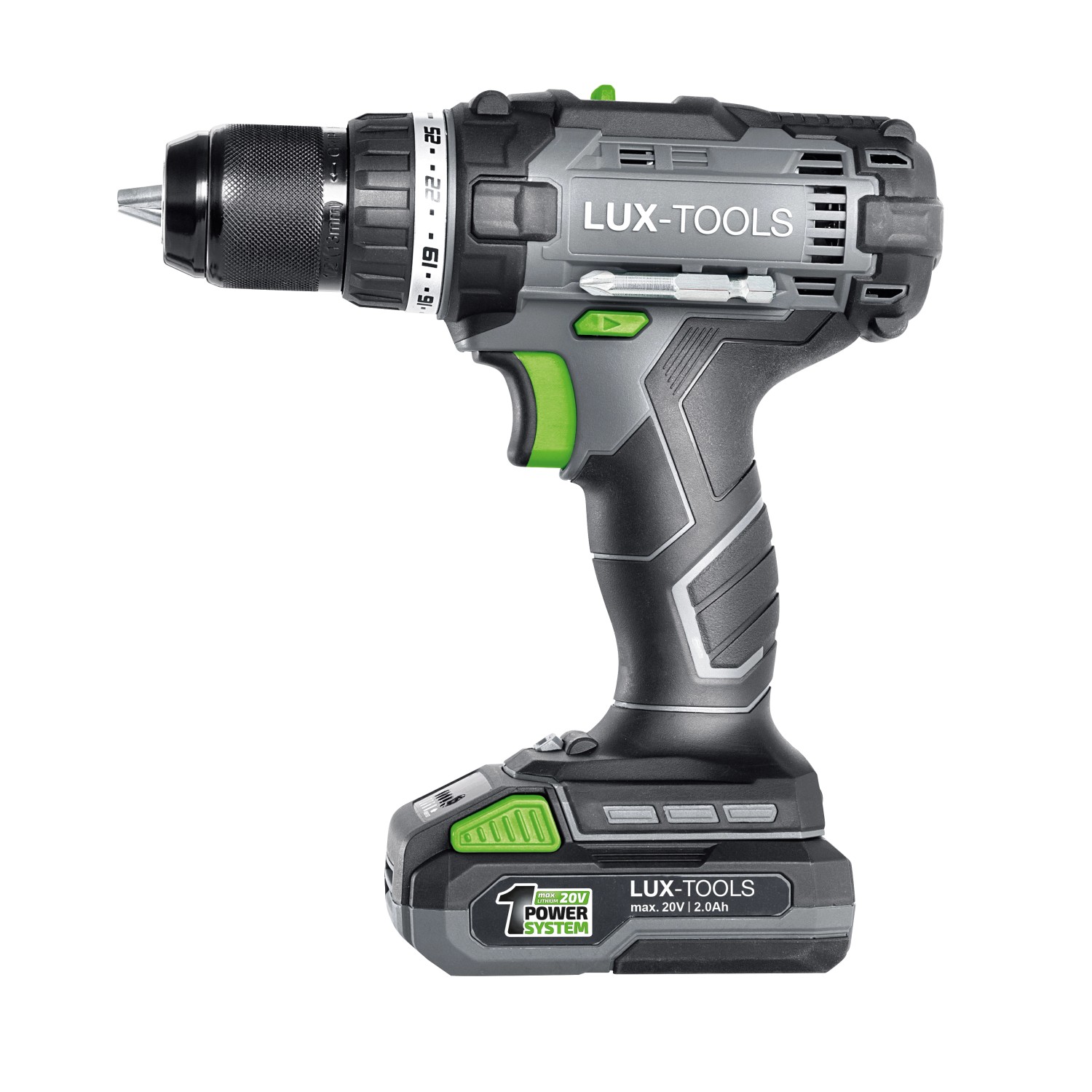 LUX 20V Akku-Bohrschrauber mit Akku und Zubehör im Koffer.