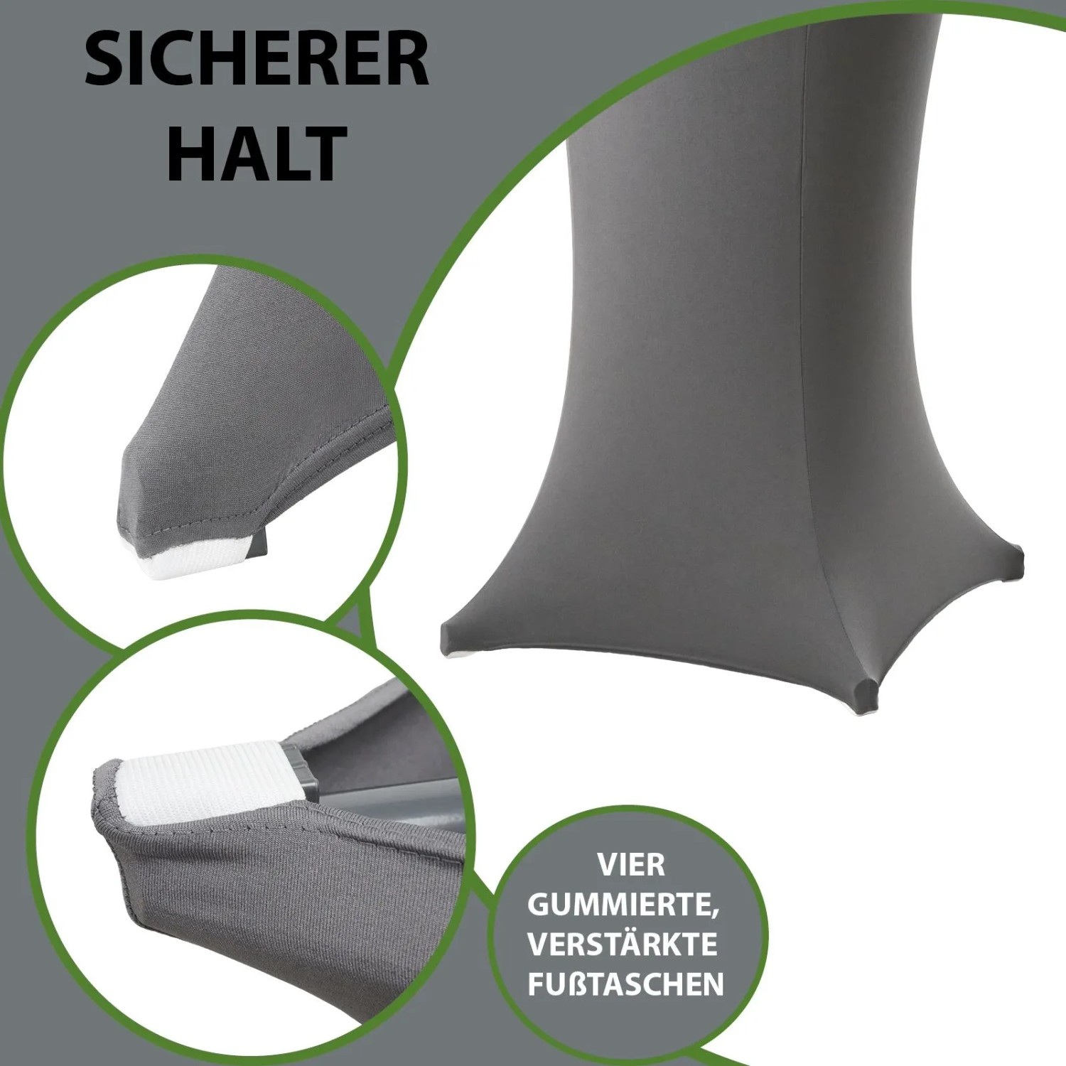 Anthrazitfarbene Stehtischhusse aus Stretchstoff mit verstärkten, gummierten Fußtaschen für sicheren Halt.