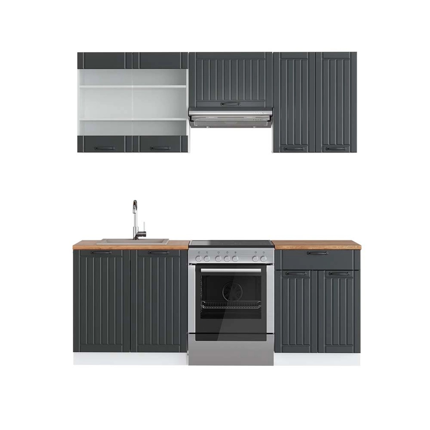 Vicco Fame-Line Küchenzeile Anthrazit Landhaus/Weiß 200 cm AP Eiche günstig online kaufen