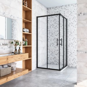 Eckduschkabine 80x80x195cm mit schwarzem Rahmen, Schiebetüren aus Sicherheitsglas im modernen Bad.
