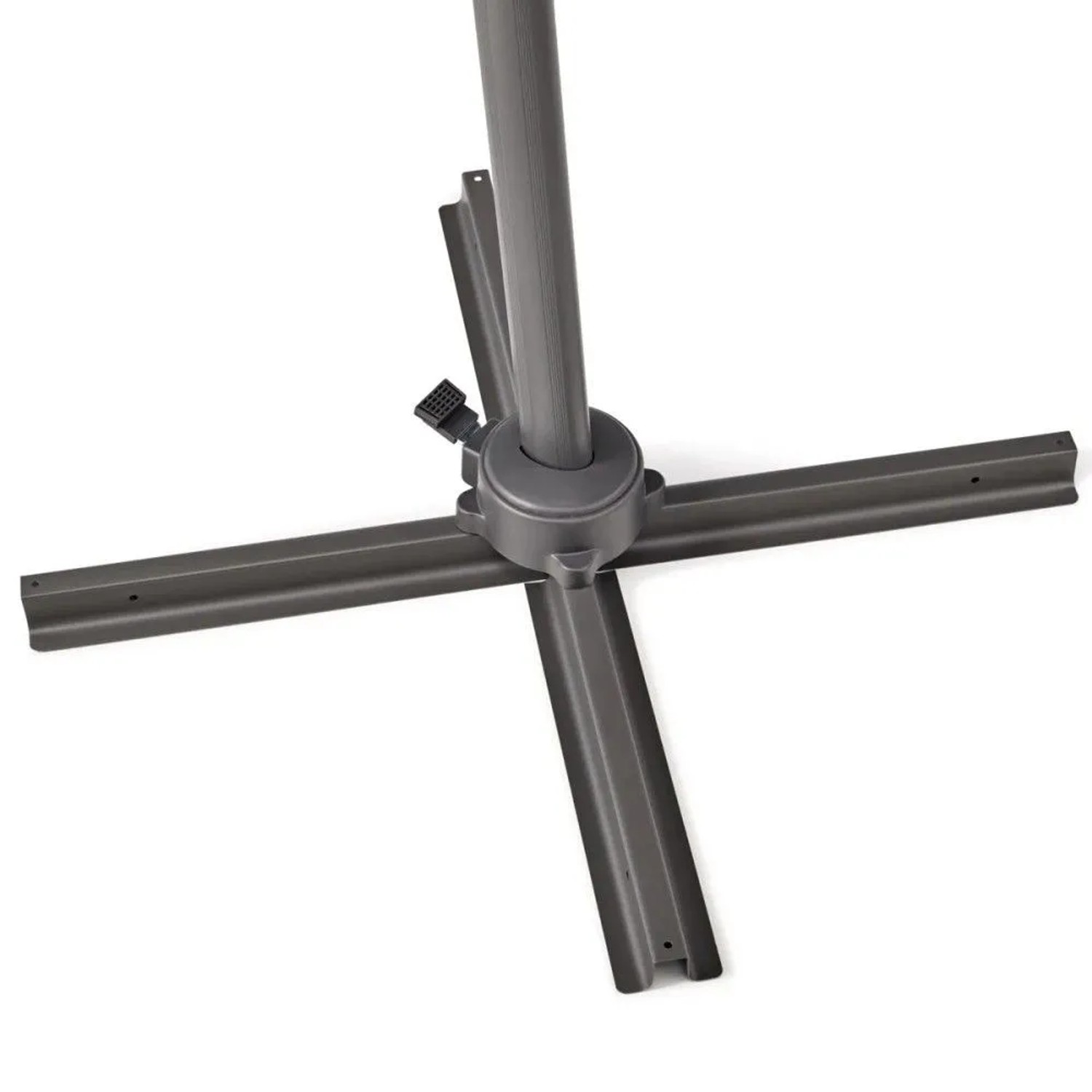 Graues Aluminium-Fußkreuz und Stange eines Ampelschirms mit Drehmechanismus für Garten & Terrasse.
