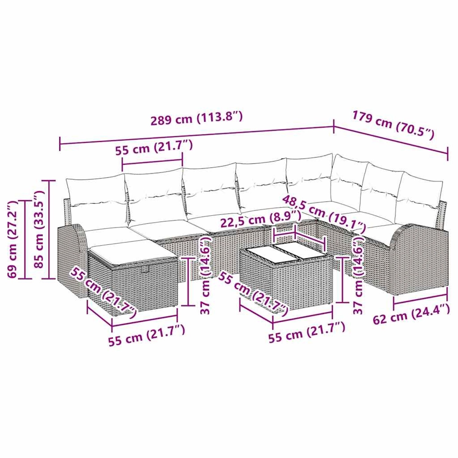 Beiges 9-teiliges Garten-Sofa-Set aus Polyrattan mit Kissen und Stauraum.