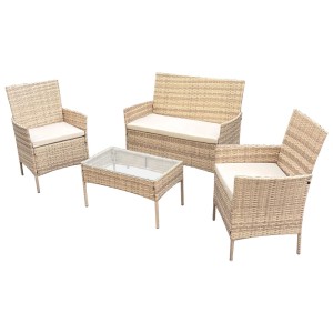 Beige SVITA BROOKLYN Gartenlounge, 4-teiliges Gartenmöbel Set aus Polyrattan mit Tisch und Sitzkissen.