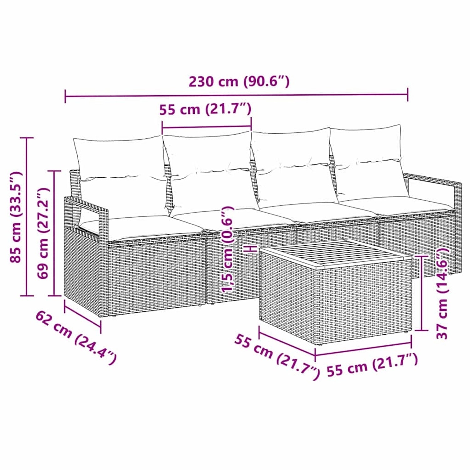 vidaXL Gartenmöbel Set, 5-teilig, schwarz-weiß, mit Maßen des Sofas und Tisches.