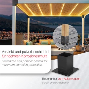 Schwarzer SOTECH Bodenanker 90x90mm aus verzinktem Stahl, pulverbeschichtet. Für Holzpfosten, ideal für Pergola.