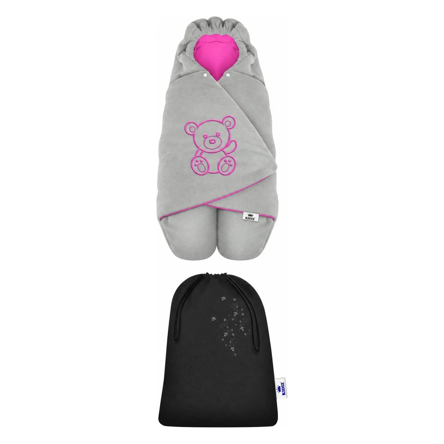 KIDIZ Baby Einschlagdecke mit Kapuze und Tasche Winter Fußsack Grau Pink