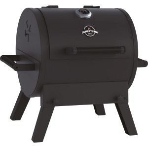 Schwarzer Jamestown Holzkohlegrill Ryder Standgrill mit Thermometer und Tragegriffen.
