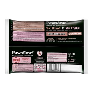Pawsome Katzen-Nassfutter Junior, Mixpack mit Rind & Pute, 4x85g.