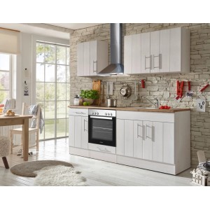 Respekta Landhausküche in Lärche Weiß matt, 210 cm breit, mit E-Geräten und Wildeiche Arbeitsplatte.