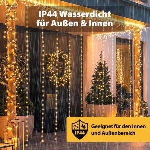 SALCAR 3x3m 300 LED Lichtervorhang als festliche Weihnachtsdeko außen am Haus. IP44 wasserdicht für Innen & Außen.
