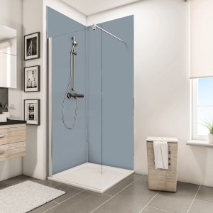 Schulte DecoDesign Duschrückwand Set Ecke, hellgrau, mit Duscharmatur und Duschwanne.