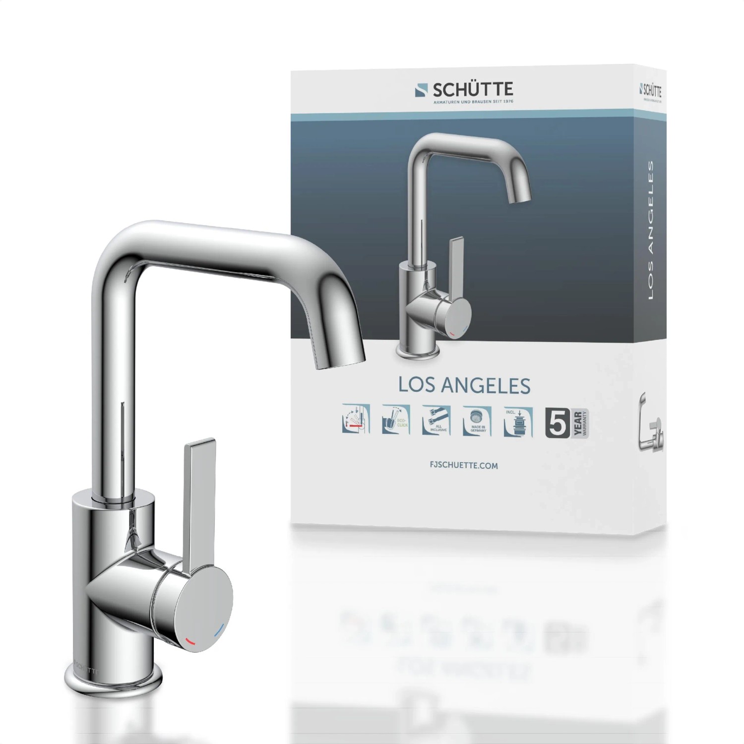 Schütte Waschtischarmatur Los Angeles Chrom mit eckigem Auslauf und Verpackung.