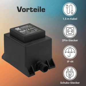 Schwarzer Kerry Electronics Trafo 39,6W 12V AC/AC mit 2-Pin-Stecker und IP44 Schutz.