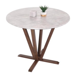 Runder Bistrotisch mit heller Beton-Optik HPL-Platte und braunem Massivholzgestell. Moderner Gartentisch.