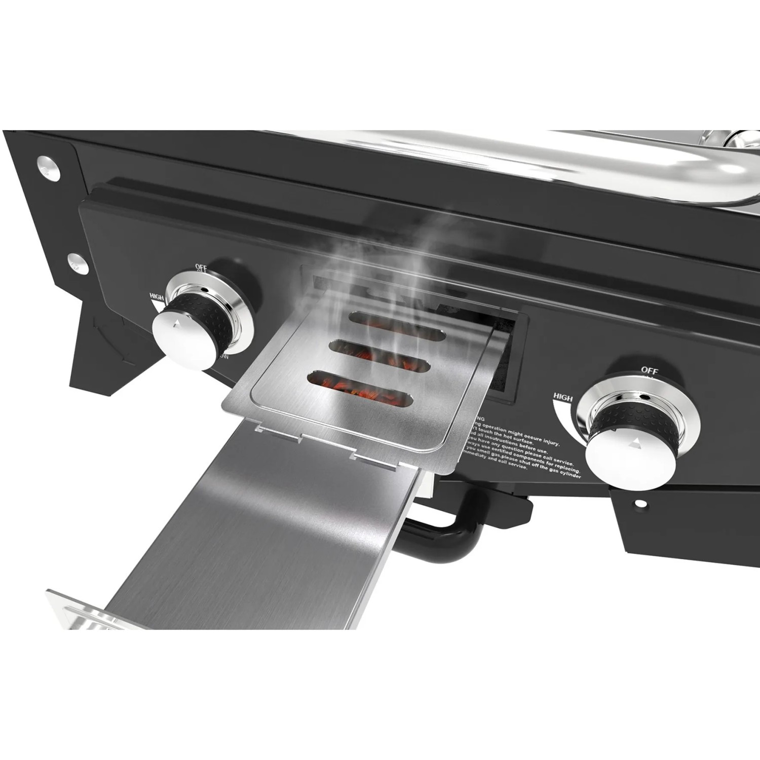 Detailaufnahme des El Fuego Tischgasgrills Smoker Medison mit Aromabox in Silber.