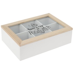 Teebox aus Holz mit 6 Fächern und Glasdeckel, Farbauswahl.