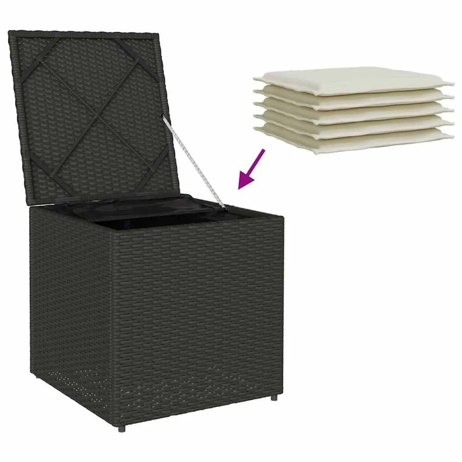 Schwarze vidaXL Kissenbox aus Poly-Rattan (50x50x50 cm) mit geöffnetem Deckel und Kissenstapel.