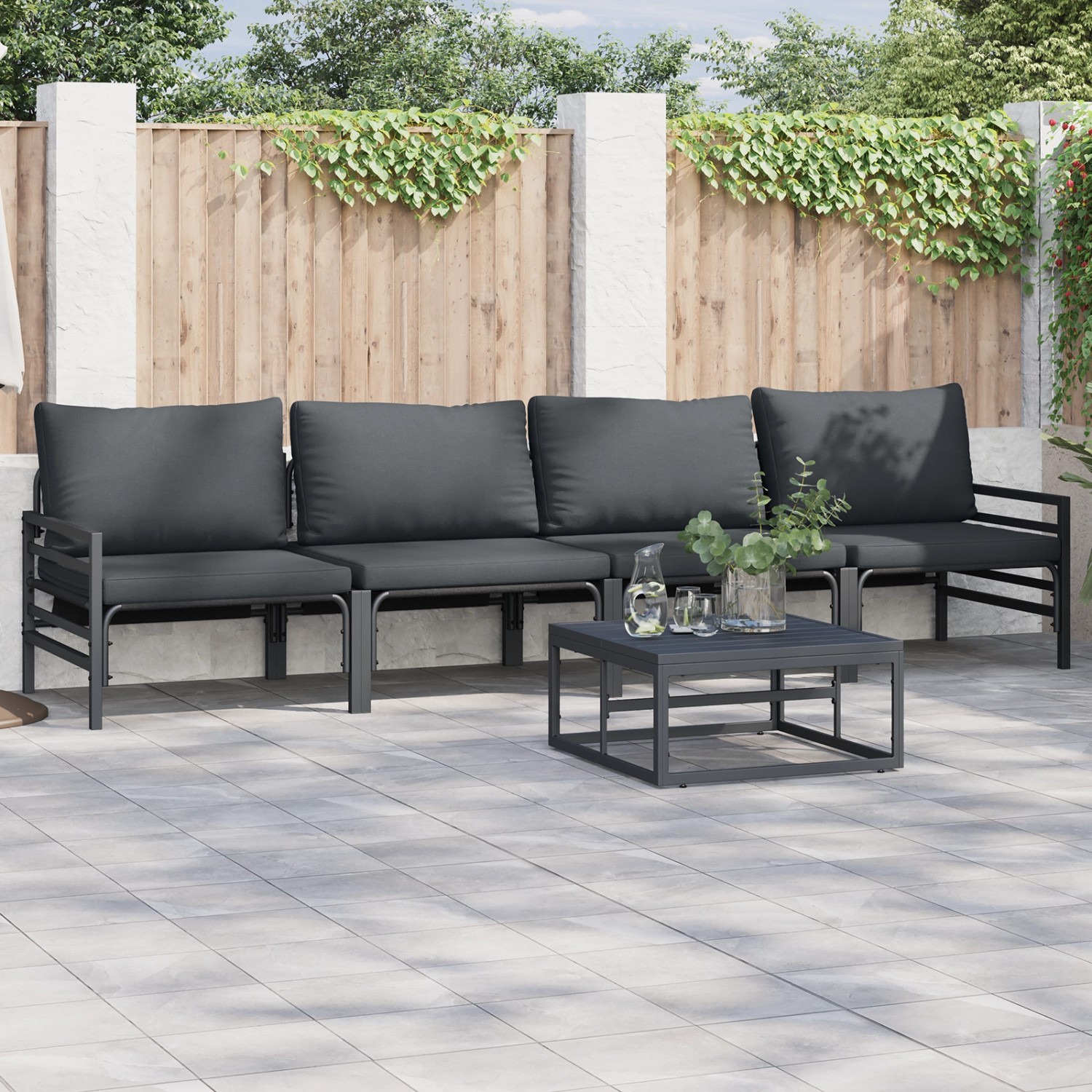 vidaXL Garten-Sofa-Set, 4-teilig, anthrazitfarben, Stahl, mit Tisch und Polstern.