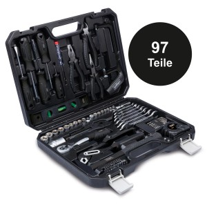 Scheppach Werkzeugkoffer WZB120-BE, 97-teiliges Werkzeug-Set im geöffneten, schwarzen Kunststoffkoffer.
