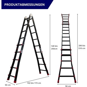 PROREGAL 3-in-1 Mehrzweckleiter APOLLO, Aluminium, schwarz, als Steh- und Anlegeleiter mit Höhenangaben.