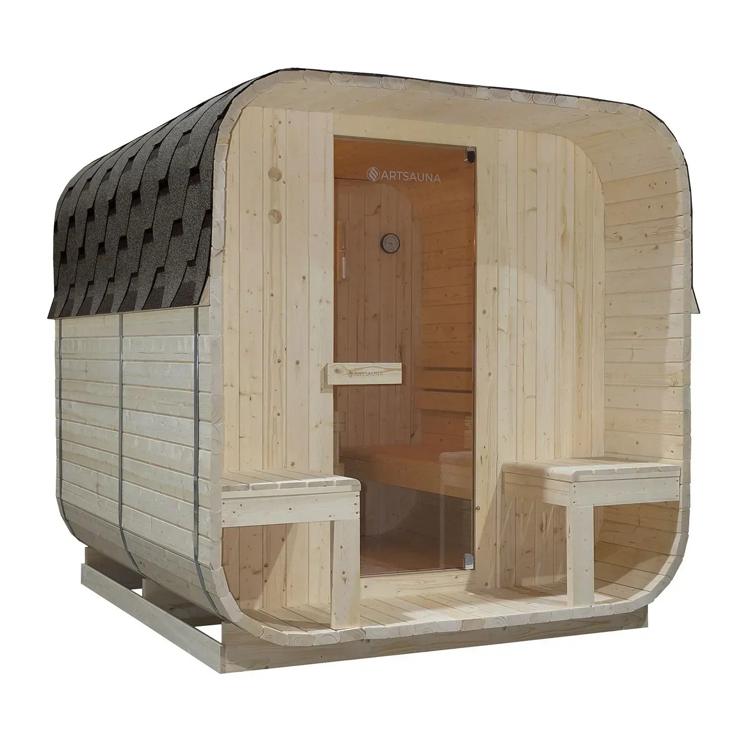 Artsauna Cube Fasssauna Nolvik XXL aus Fichte mit schwarzem Dach und Glastür. Gartensauna für 6 Personen.