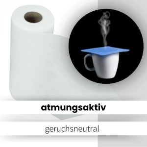 Weißer Sensalux Vlies-Tischläufer (50cm x 25m) mit Tasse und blauem Deckel.