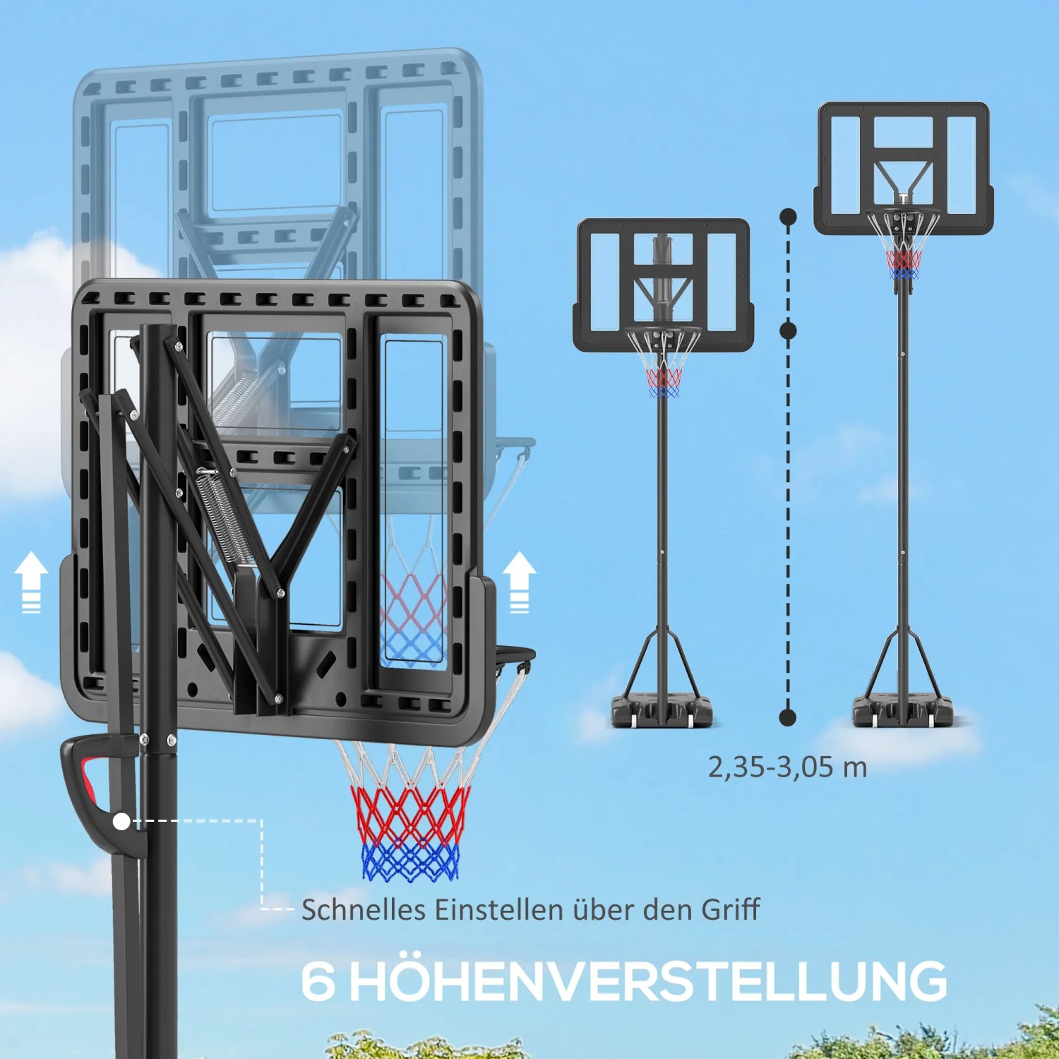 Verstellbarer SPORTNOW Basketballkorb aus Stahl und Kunststoff, mit Höhenverstellung.