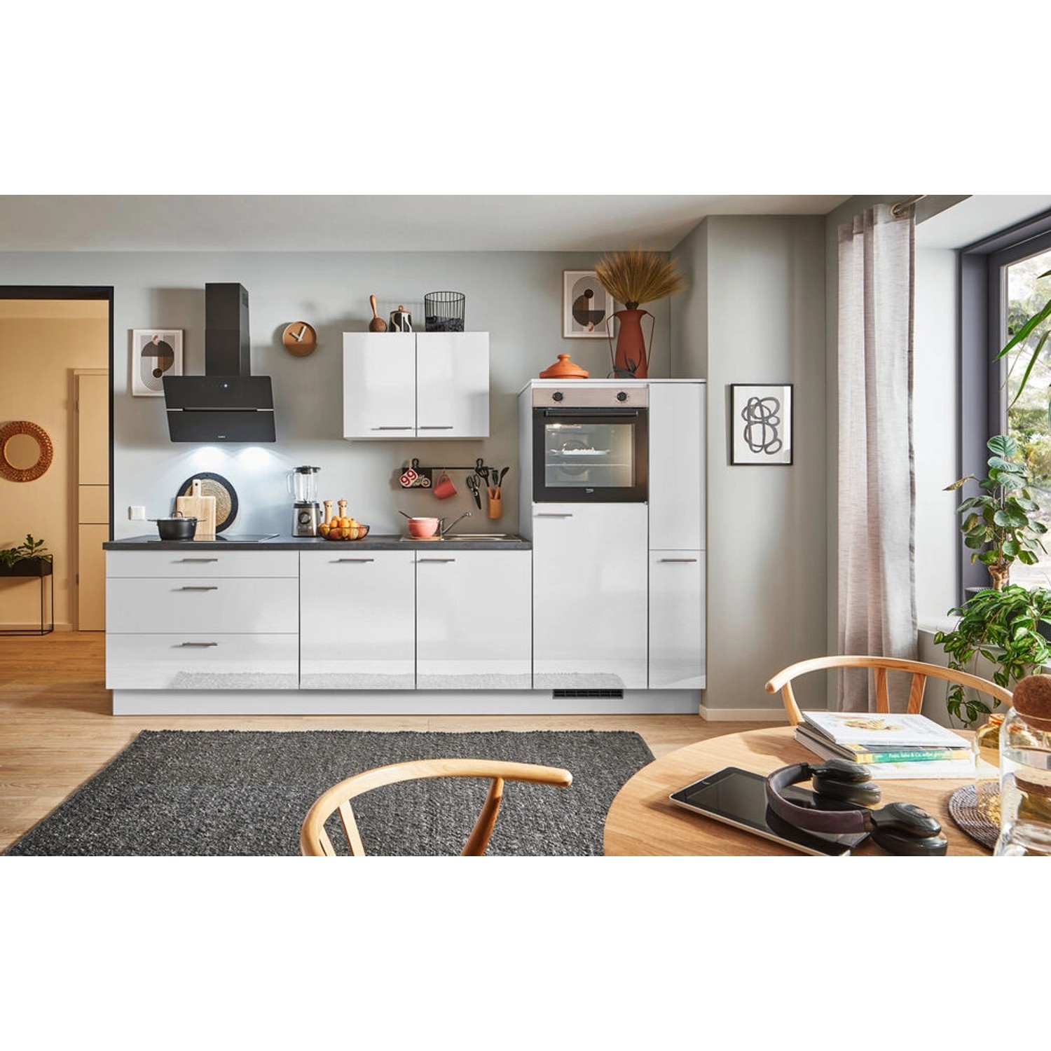 pino Küchenzeile 290cm Lichtgrau Hochglanz Anschlag R 1Geräte-,1Apothekersc günstig online kaufen