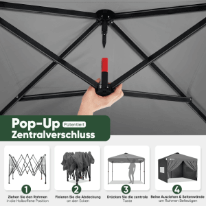 Grauer Faltpavillon 3x3 m mit Pop-Up Zentralverschluss. Zeigt Hand bei Bedienung und 4 Schritte zum einfachen Aufbau mit Seitenteilen.