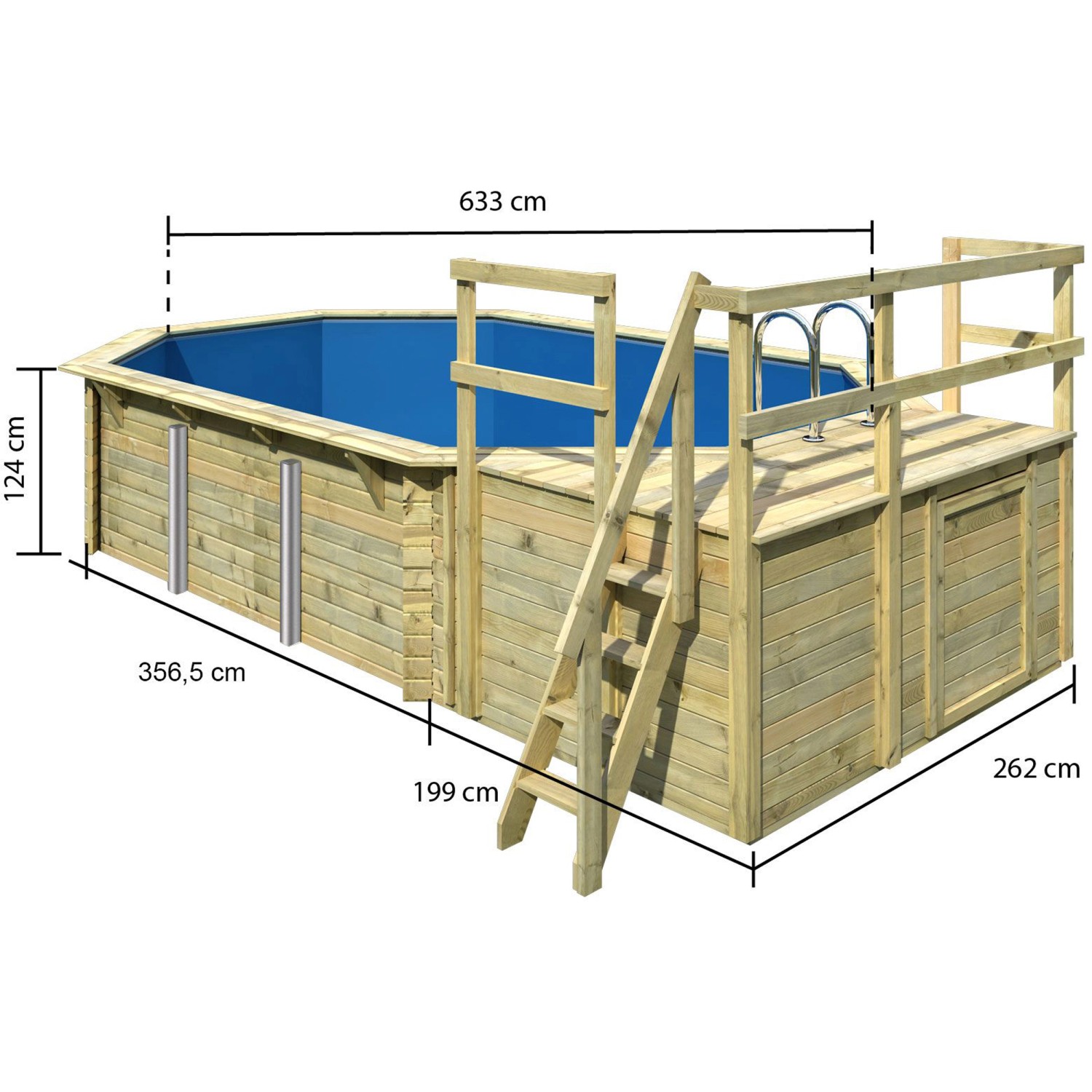 Karibu Holzpool Set mit Sonnenterrasse, Leiter und Filteranlage, Maße eingezeichnet.