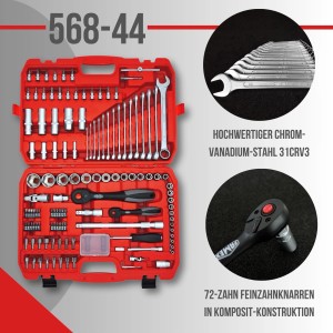 Famex Werkzeug-Set 120-teilig im roten Koffer: Steckschlüssel, Schraubenschlüssel, Knarren und Bits.