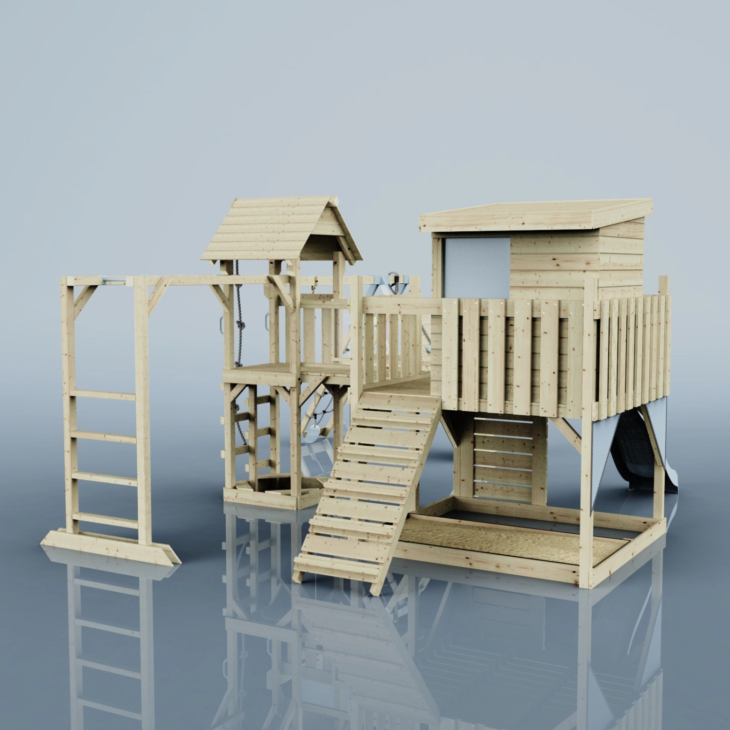 OutdoorToys Spielturm Lars mit Schaukel, Rutsche und Kletterwand aus Holz.