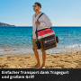 Einhell Akku-Kühlbox TE-COL 18/27 Li-Solo am Strand mit Tragegurt. Ideal für unterwegs.