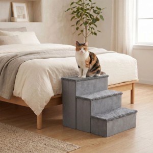 Graue Hundetreppe aus MDF/Polyester mit 3 Stufen und Stauraum neben Bett. Katze sitzt oben. Aufstiegshilfe.