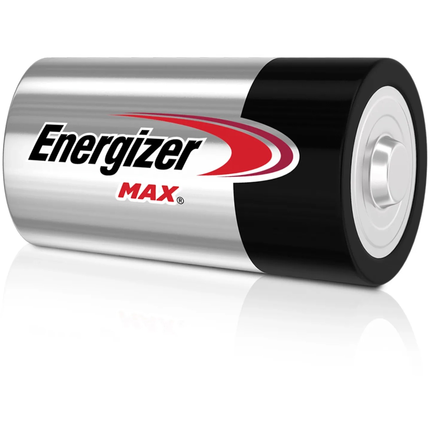 Energizer Max D Mono Batterie, Alkali, 4er-Pack. Silbernes Gehäuse mit schwarzem Pluspol.