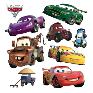 Disney Cars Wandtattoo mit Lightning McQueen und Freunden in Grün, Gelb und Rot.