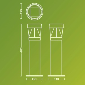 Skizze: Philips Avery Solar Sockelleuchte, Maße: 403x130mm, Solar-Wegeleuchte für den Garten.