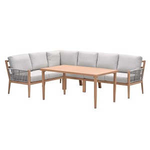 5-teiliges Lounge-Dining Set Sardinia in heller Teakholzoptik mit Tisch und Eckbank mit grauen Polstern.