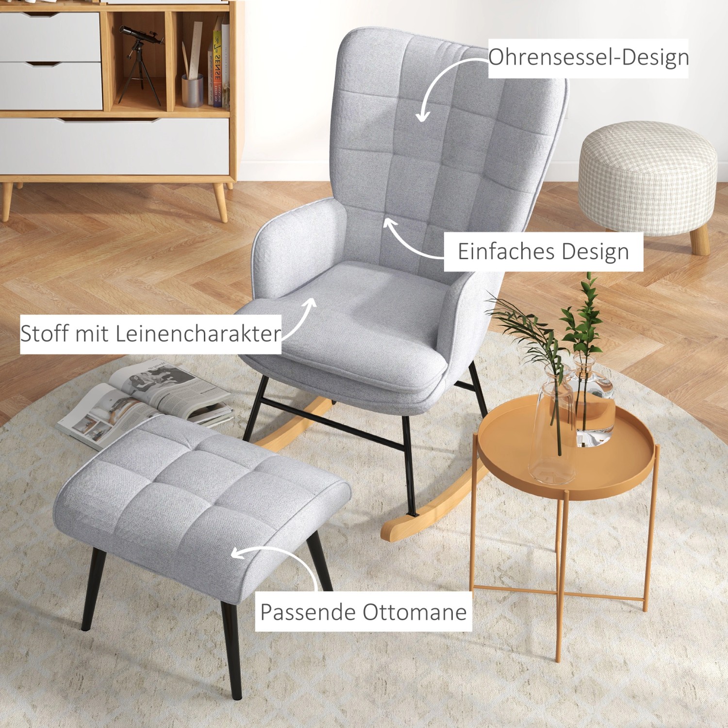 HOMCOM Schaukelstuhl mit Hocker in Leinenoptik, grau, für entspannte Stunden im Wohnzimmer.