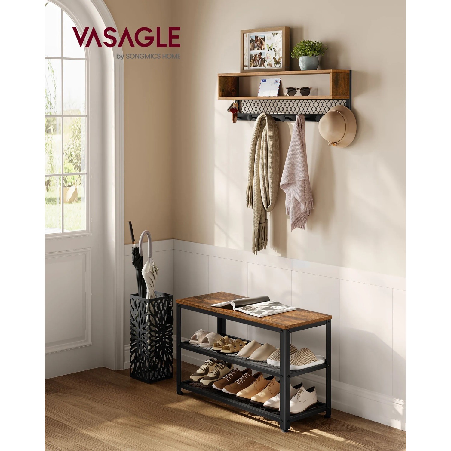 Songmics Wandgarderobe-Set mit Schuhbank in Braun-Schwarz, 2-teilig. Garderobe mit Haken und Ablage, Schuhbank mit 3 Ablagen.