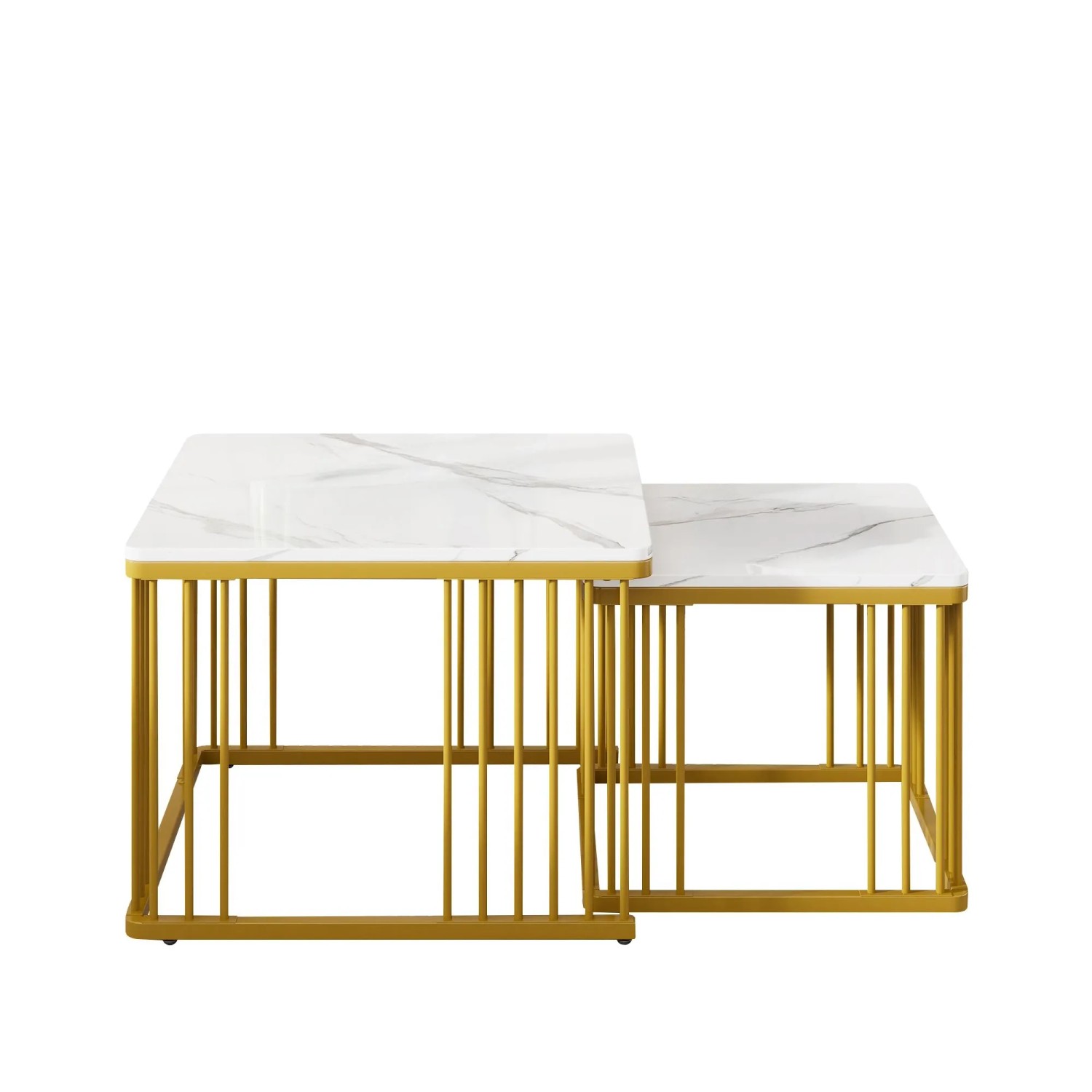 Merax Couchtisch Set Zweiteilig Hochglanz Marmoroptik Goldene Beine Stapelbar