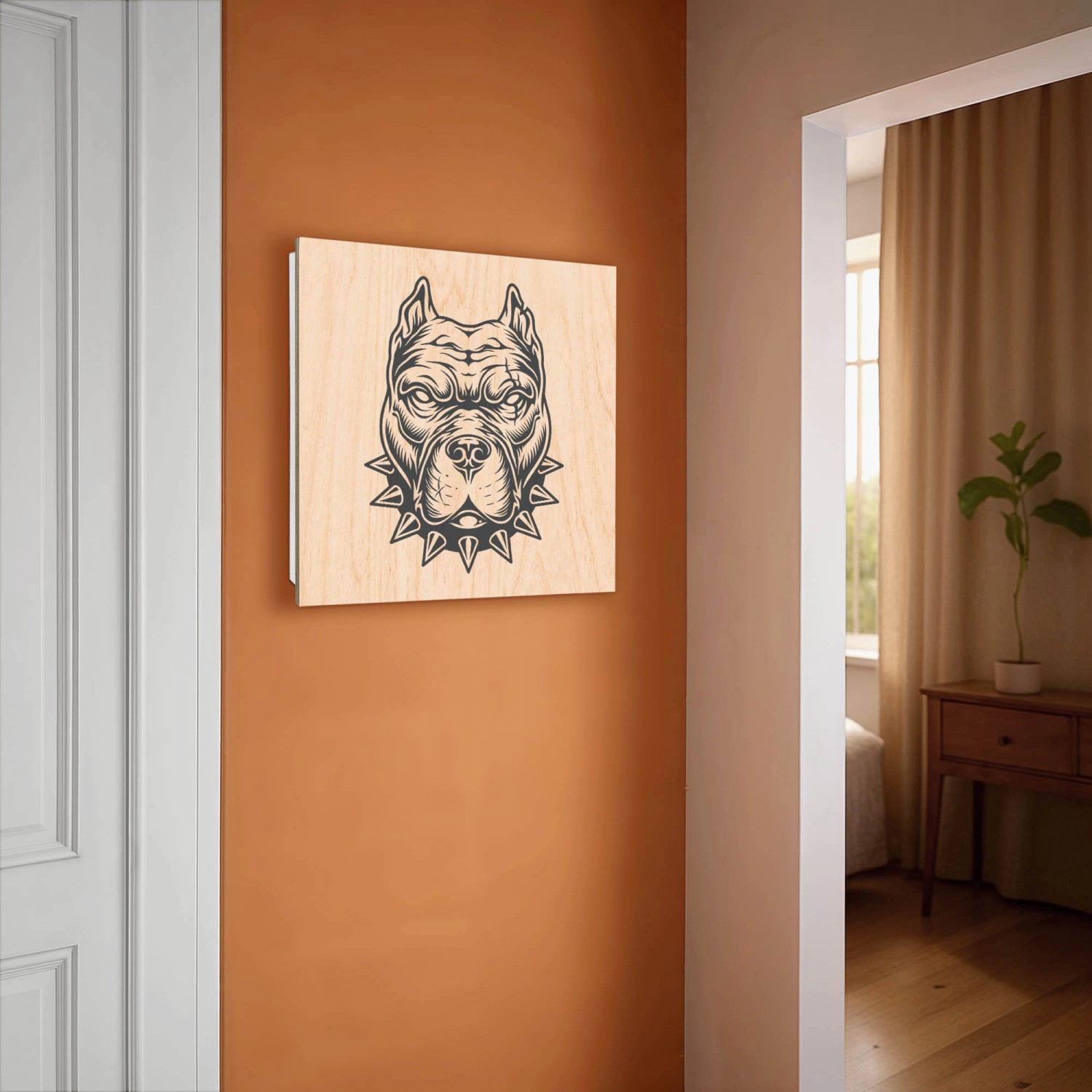 Weißer Banjado Schlüsselkasten mit Pitbull-Motiv, 30x30cm, 50 Haken zur Schlüsselaufbewahrung an der Wand.