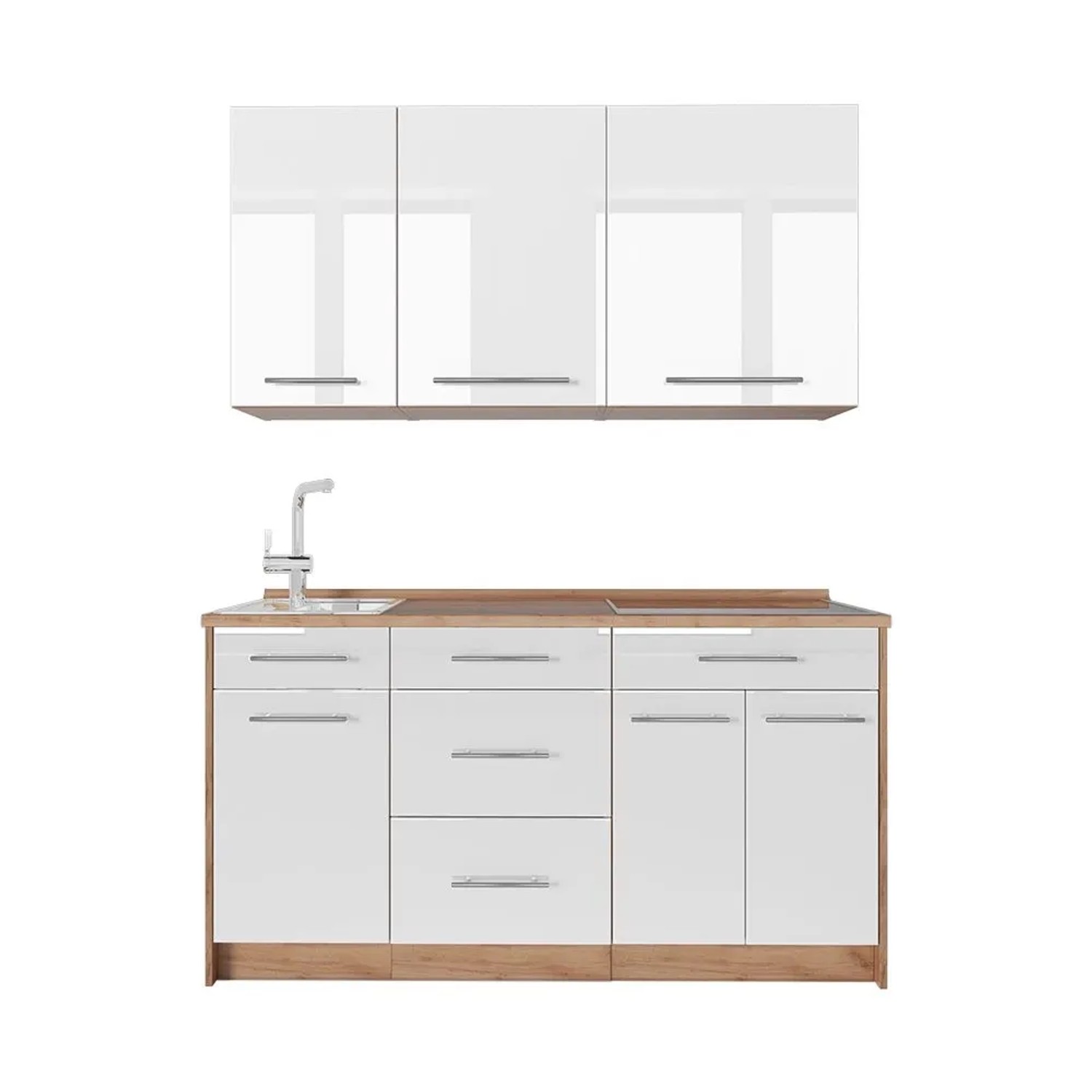 Vicco Singleküche Fame-Line Weiß Hochglanz/Goldkraft Eiche 150 x 82 AP Eiche Art Nr 64796