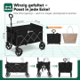 Schwarzer Sekey Bollerwagen, faltbar, offen mit Maßen und kompakt gefaltet. Zeigt den Faltvorgang für platzsparende Lagerung.