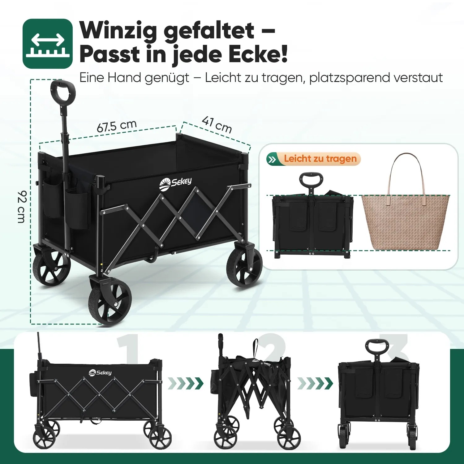 Schwarzer Sekey Bollerwagen, faltbar, offen mit Maßen und kompakt gefaltet. Zeigt den Faltvorgang für platzsparende Lagerung.