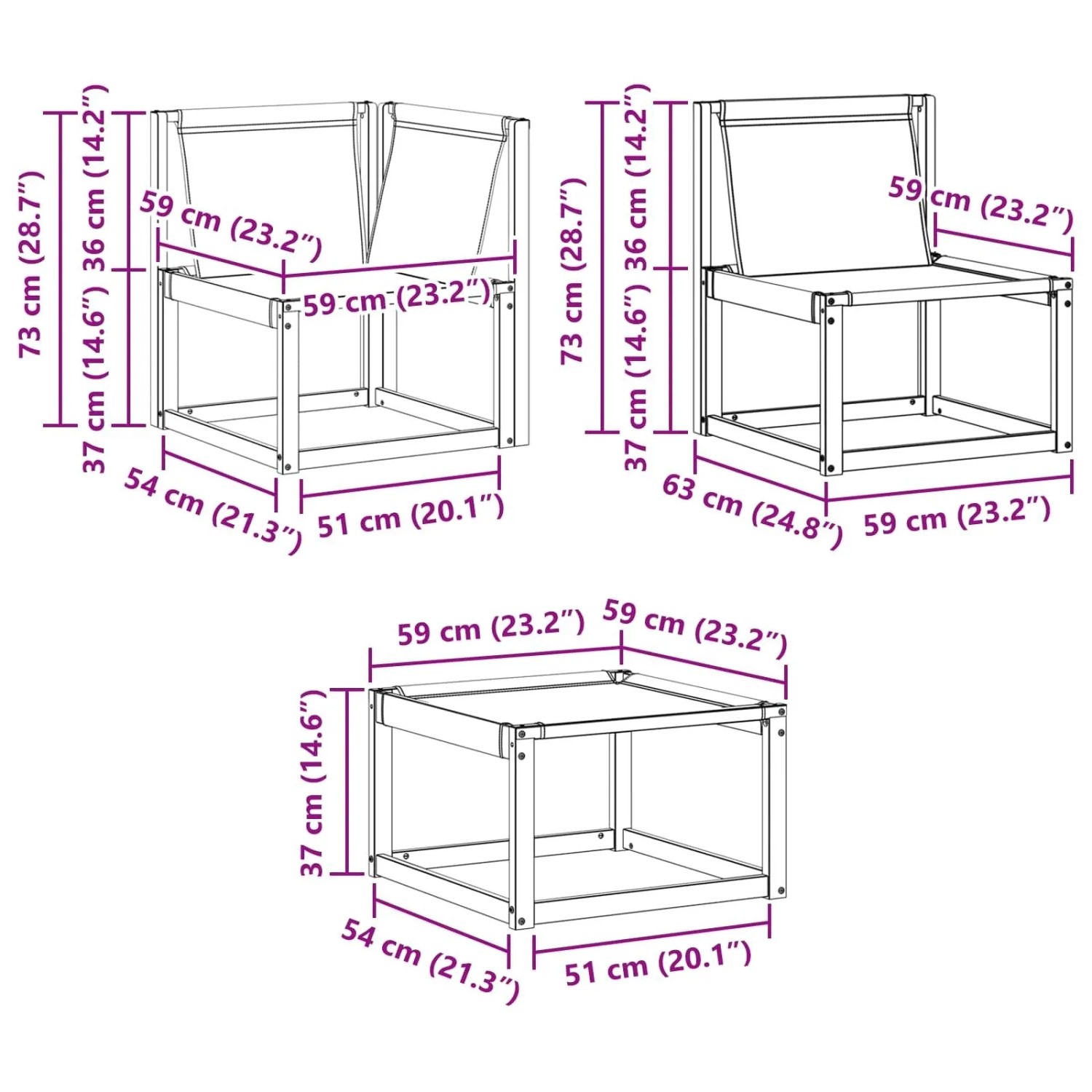 Drei modulare vidaXL Outdoor-Schnittsofa-Einheiten aus Akazienholz mit Maßen: Ecksofa, Mittelsitz, Fußhocker für Garten.